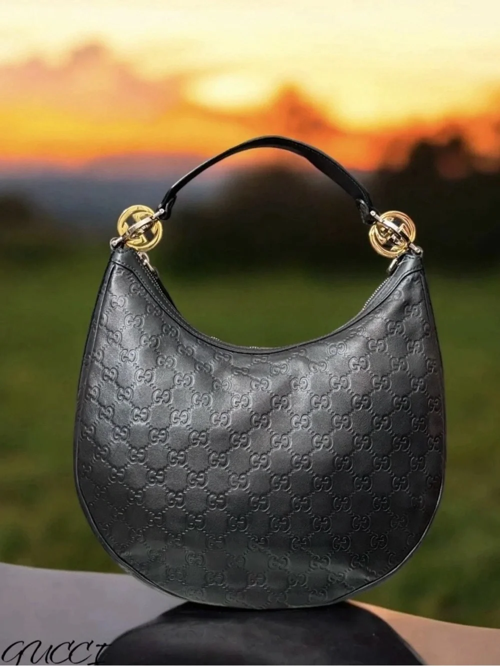 Gucci Guccisima Hobo Bag Black Leather with Silver & Gold hardware. COA Included